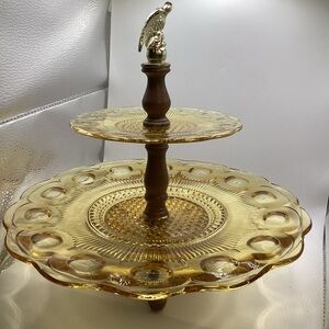 Elegant Two-Tier Amber Glass Serving Stand